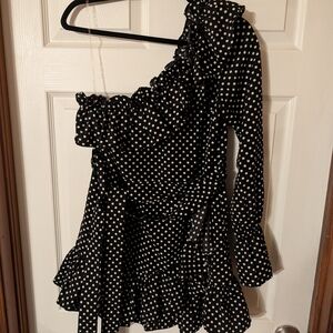Saint Genies Black Polka Dot One-Shoulder Dress
